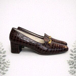 Vintage Florsheim Croc Embossed Leather Horsebit Loafer Heels Brown Size 8